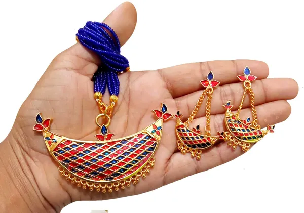Assamese_Traditional_Gold_Plated_Red_Blue_Colour_Joonbiri_Tassel_Jewellery_Set_For_Women